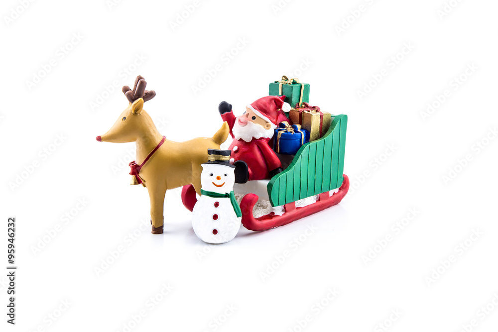 Naklejka premium Santa claus in sleigh carrying a gifts with reindeer and snowman