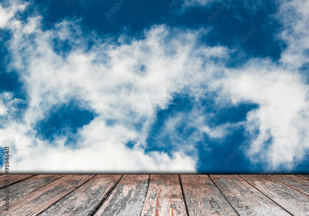 blue sky and clouds with wooden paving