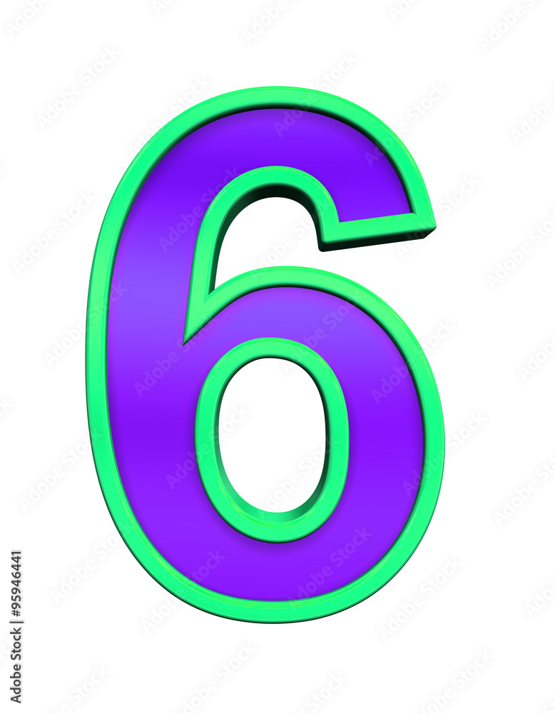 One digit from violet glass with green frame alphabet set, isolated on white. Computer generated 3D photo rendering. One digit from violet glass with green frame alphabet set, isolated on white. Computer generated 3D photo rendering.