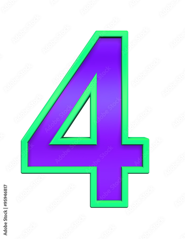 One digit from violet glass with green frame alphabet set, isolated on white. Computer generated 3D photo rendering. One digit from violet glass with green frame alphabet set, isolated on white. Computer generated 3D photo rendering.