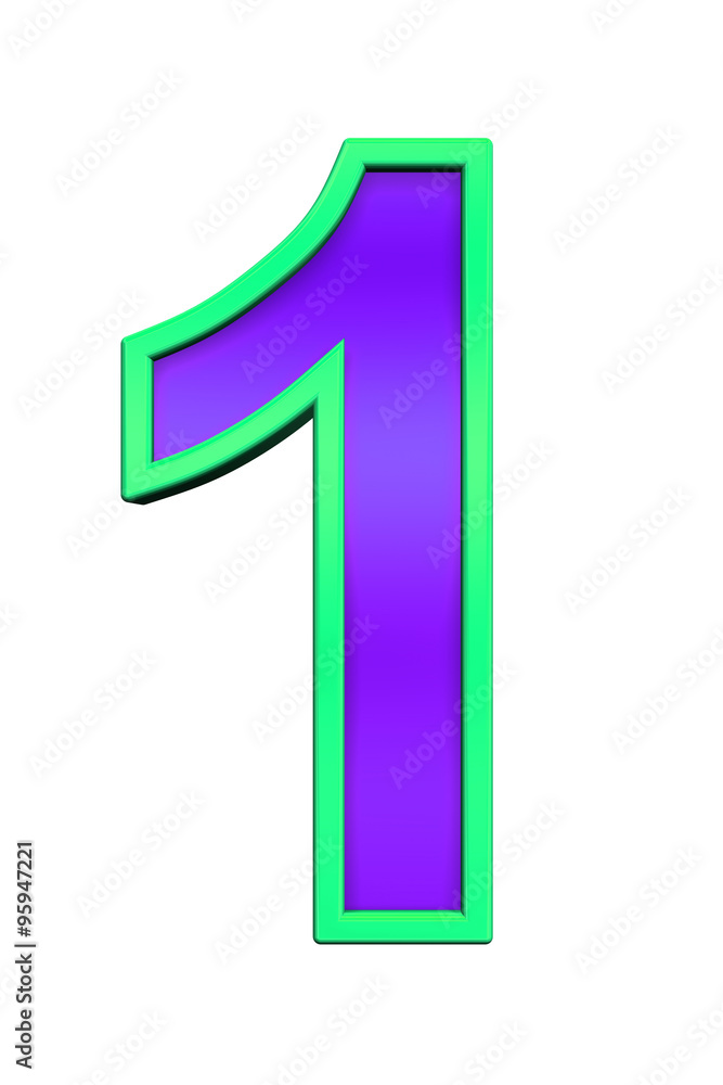 One digit from violet glass with green frame alphabet set, isolated on white. Computer generated 3D photo rendering. One digit from violet glass with green frame alphabet set, isolated on white. Computer generated 3D photo rendering.