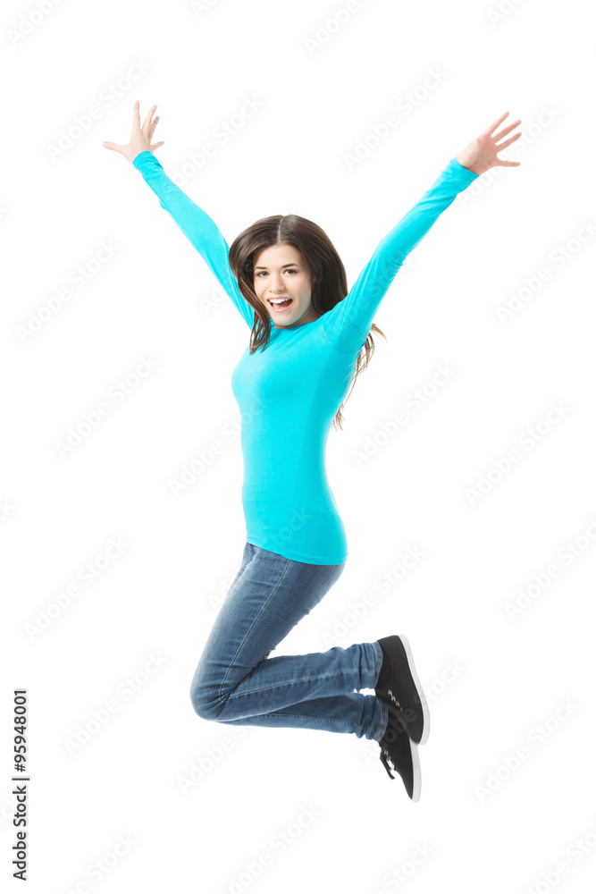 Young casual woman, student jumping. Young casual woman, student jumping.