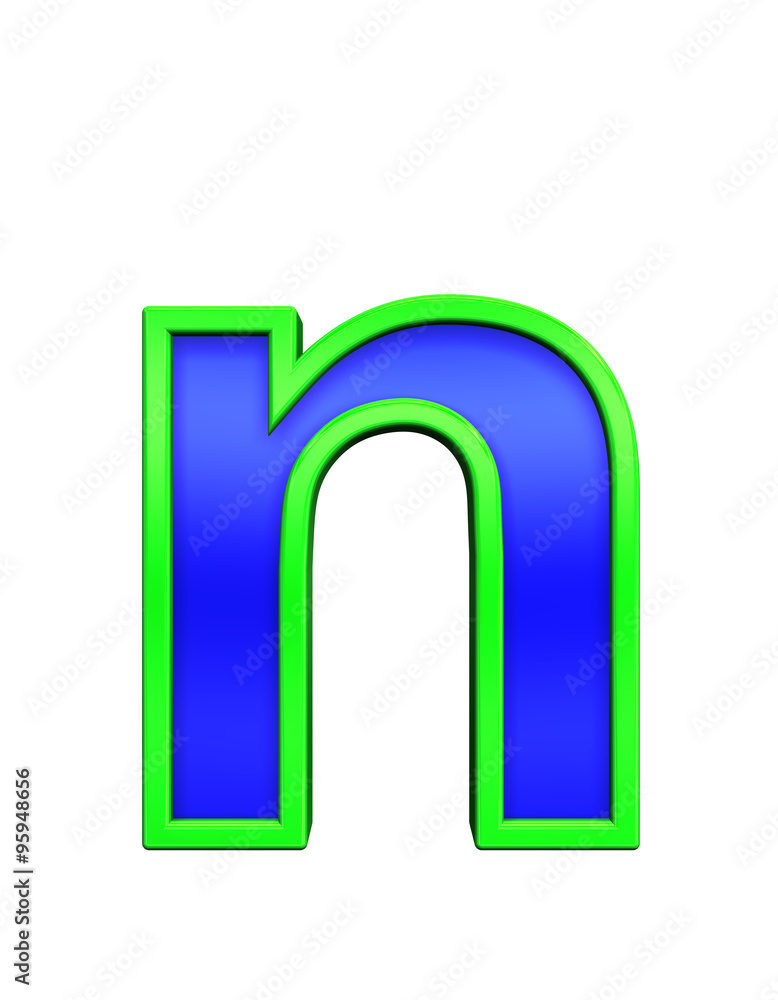 One lower case letter from blue glass with green frame alphabet set, isolated on white. Computer generated 3D photo rendering.