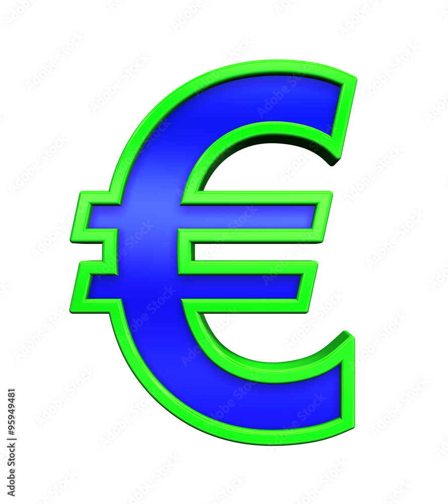 Euro sign from blue glass with green frame alphabet set, isolated on white. Computer generated 3D photo rendering. Euro sign from blue glass with green frame alphabet set, isolated on white. Computer generated 3D photo rendering.