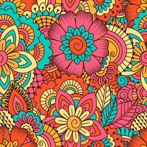 Hand drawn seamless pattern with floral elements. 