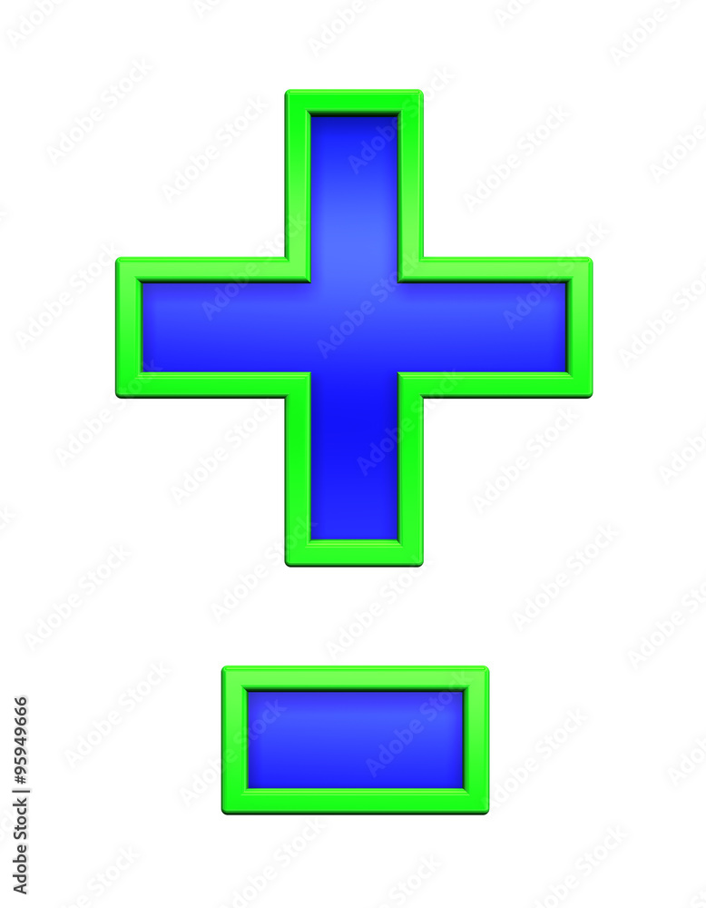 Hyphen, minus, plus marks from blue glass with green frame alphabet set, isolated on white. Computer generated 3D photo rendering. Hyphen, minus, plus marks from blue glass with green frame alphabet set, isolated on white. Computer generated 3D photo rendering.