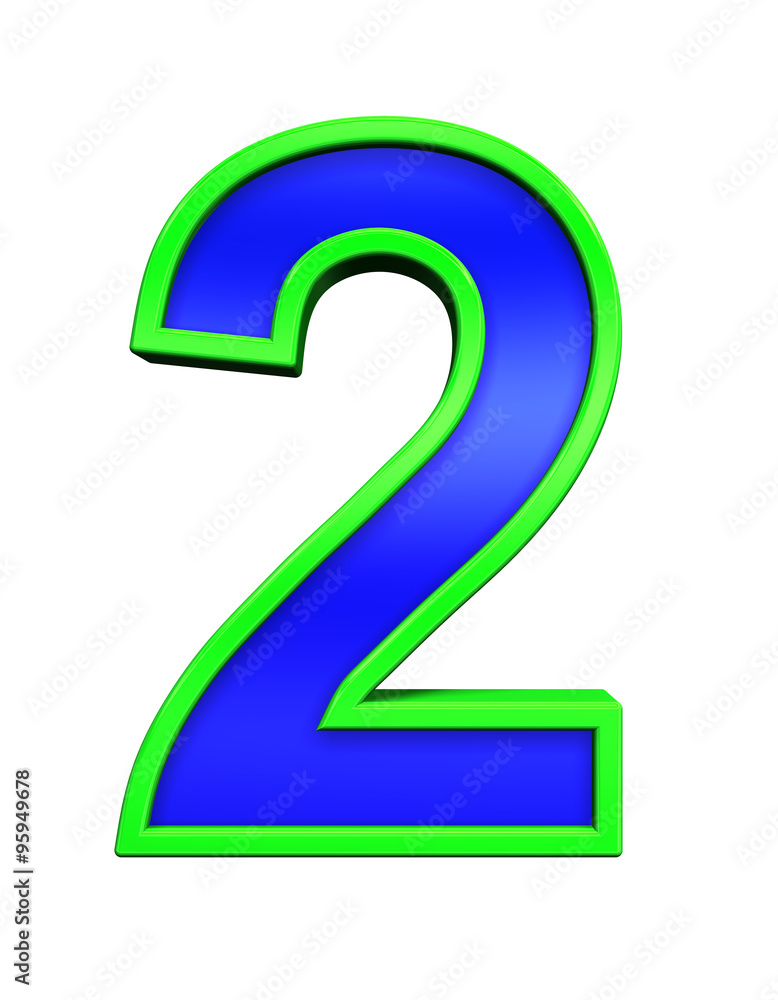 One digit from blue glass with green frame alphabet set, isolated on white. Computer generated 3D photo rendering.