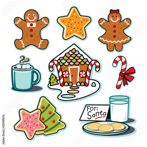 Gingerbread house, man, woman, hot chocolate, cookies santa illustration set