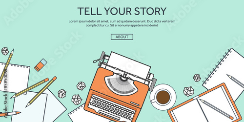 Vector illustration, lined. Flat typewriter. Tell your story. Blogging