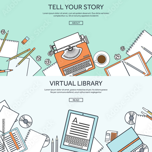 Vector illustration, lined. Flat typewriter. Tell your story. Blogging