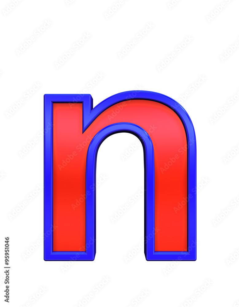 One lower case letter from red glass with blue frame alphabet set, isolated on white. Computer generated 3D photo rendering. One lower case letter from red glass with blue frame alphabet set, isolated on white. Computer generated 3D photo rendering.