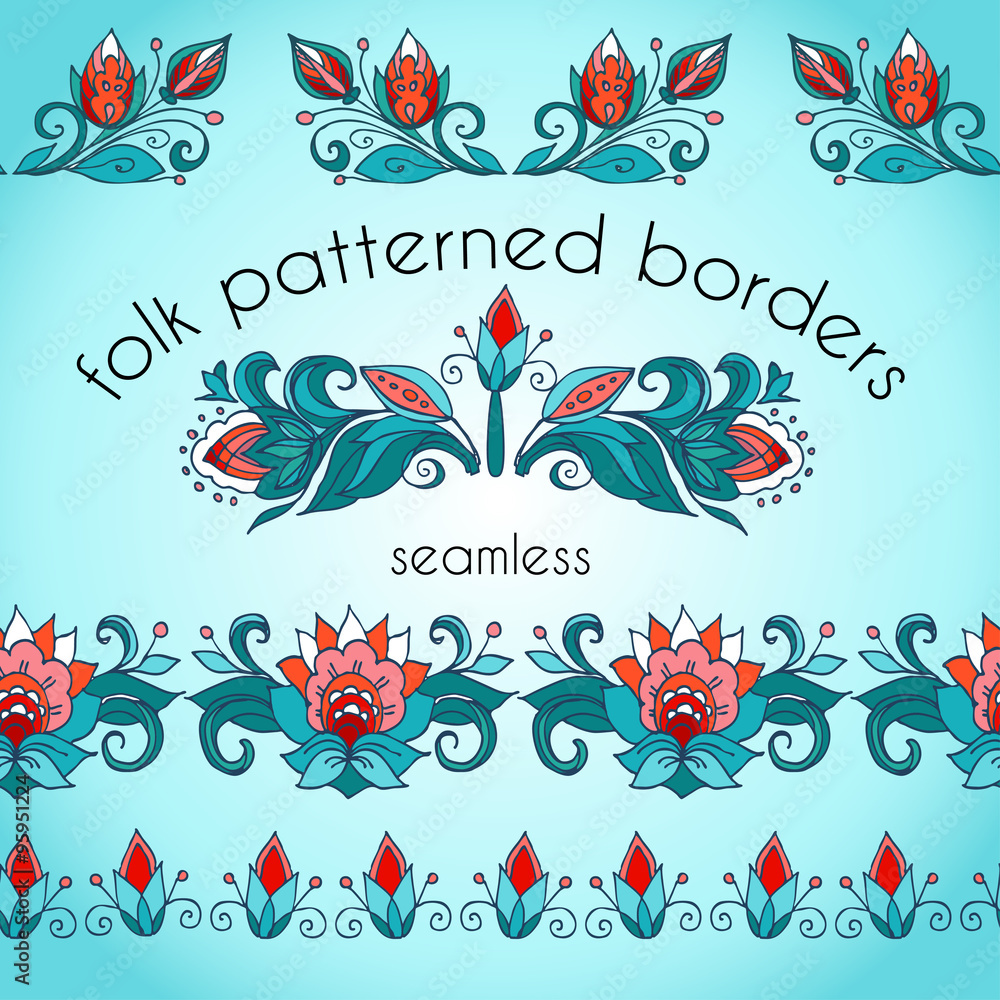 Set of decorative elements. Seamless vegetable pattern patterned borders and vignette.Traditional Russian patterns.Branches with red flowers and buds with swirls on a blue background.