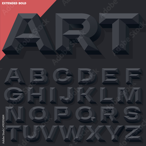 Vector 3D black bold beveled alphabet with shadow. Simple colored version.