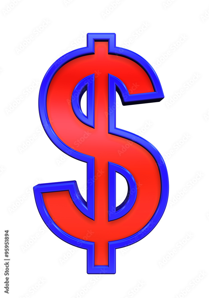 Dollar sign from red glass with blue frame alphabet set, isolated on white. Computer generated 3D photo rendering. Dollar sign from red glass with blue frame alphabet set, isolated on white. Computer generated 3D photo rendering.