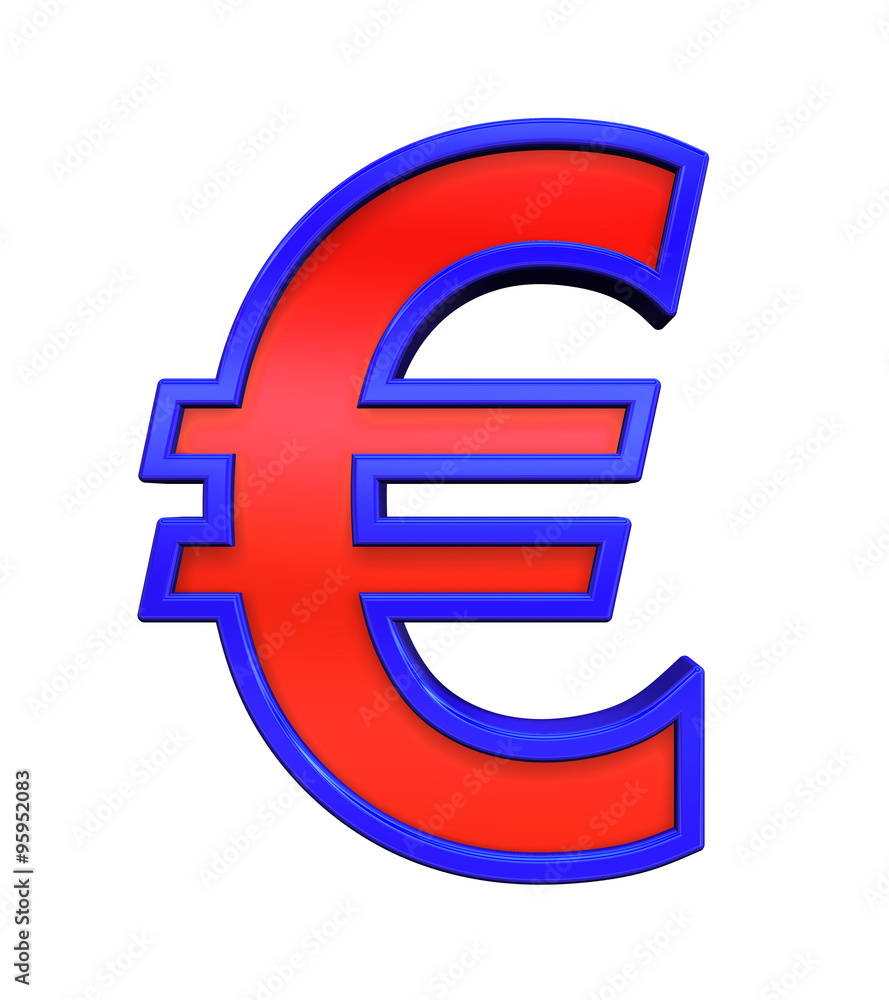 Euro sign from red glass with blue frame alphabet set, isolated on white. Computer generated 3D photo rendering. Euro sign from red glass with blue frame alphabet set, isolated on white. Computer generated 3D photo rendering.