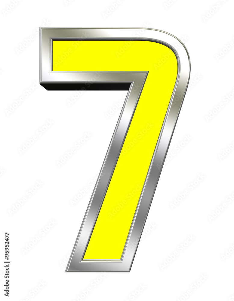 One digit from yellow with chrome frame alphabet set, isolated on white. Computer generated 3D photo rendering. One digit from yellow with chrome frame alphabet set, isolated on white. Computer generated 3D photo rendering.
