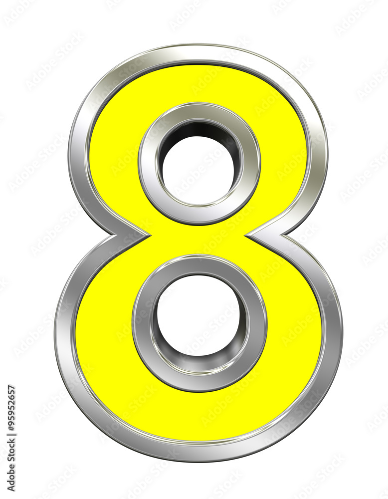 One digit from yellow with chrome frame alphabet set, isolated on white. Computer generated 3D photo rendering. One digit from yellow with chrome frame alphabet set, isolated on white. Computer generated 3D photo rendering.