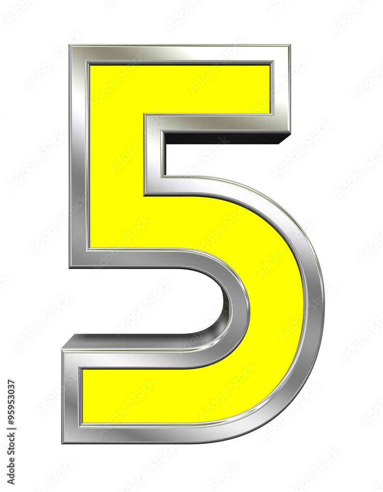 One digit from yellow with chrome frame alphabet set, isolated on white. Computer generated 3D photo rendering. One digit from yellow with chrome frame alphabet set, isolated on white. Computer generated 3D photo rendering.
