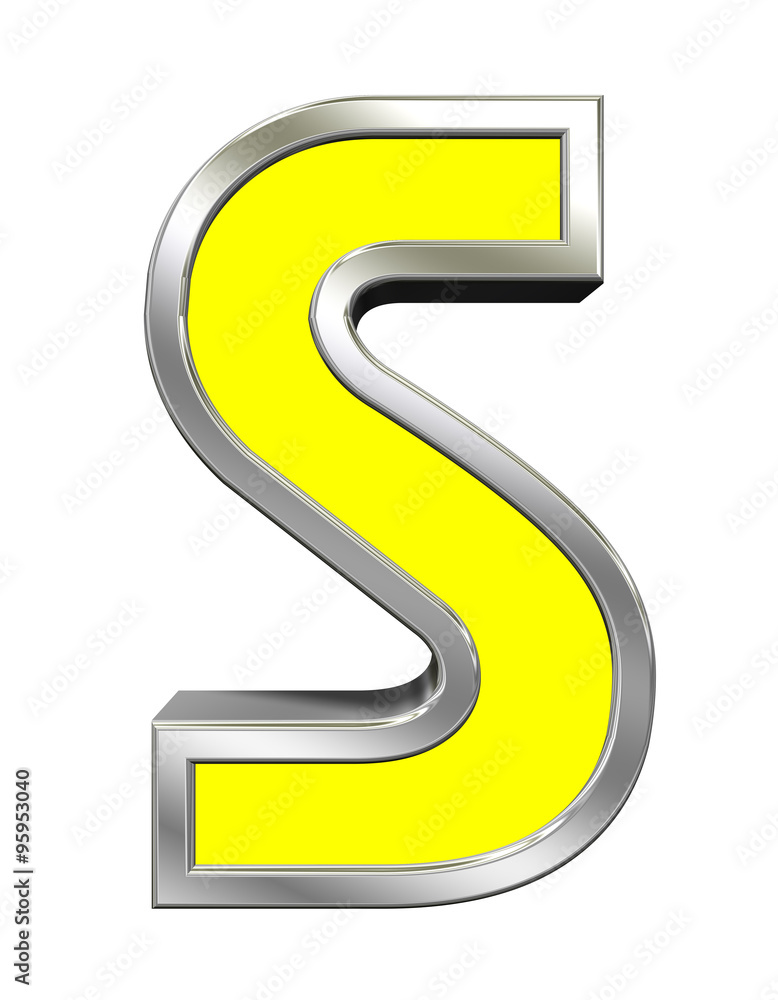 One letter from yellow with chrome frame alphabet set, isolated on white. Computer generated 3D photo rendering. One letter from yellow with chrome frame alphabet set, isolated on white. Computer generated 3D photo rendering.