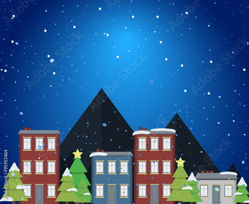 Merry Christmas greeting card design with buildings, Christmas tree, santa, snow, monkey, mountain and moon