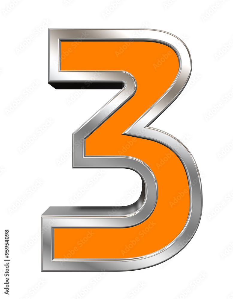 One digit from orange with chrome frame alphabet set, isolated on white. Computer generated 3D photo rendering. One digit from orange with chrome frame alphabet set, isolated on white. Computer generated 3D photo rendering.