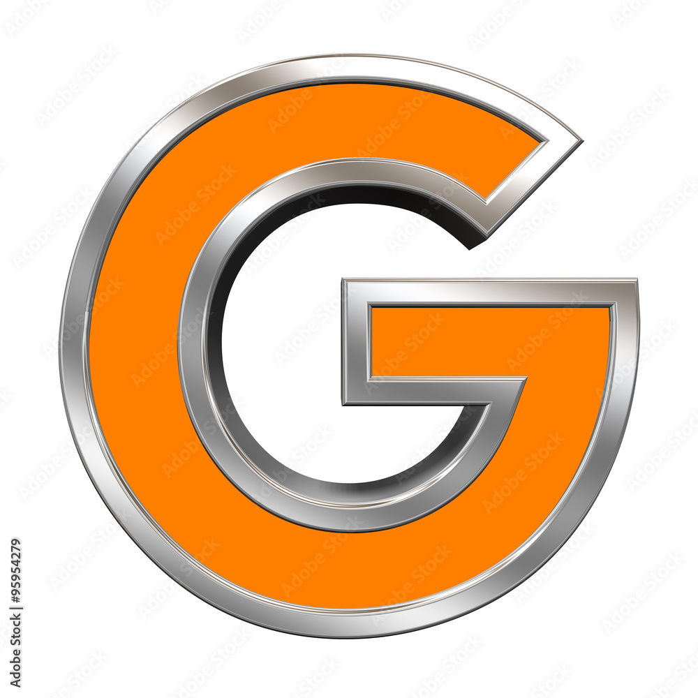 One letter from orange with chrome frame alphabet set, isolated on white. Computer generated 3D photo rendering. One letter from orange with chrome frame alphabet set, isolated on white. Computer generated 3D photo rendering.