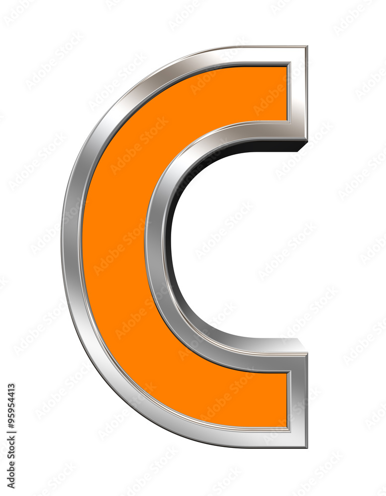 One letter from orange with chrome frame alphabet set, isolated on white. Computer generated 3D photo rendering. One letter from orange with chrome frame alphabet set, isolated on white. Computer generated 3D photo rendering.