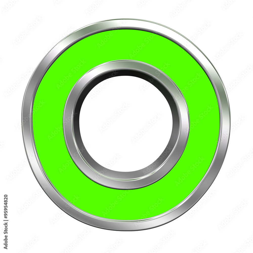 One letter from green with chrome frame alphabet set, isolated on white. Computer generated 3D photo rendering. One letter from green with chrome frame alphabet set, isolated on white. Computer generated 3D photo rendering.