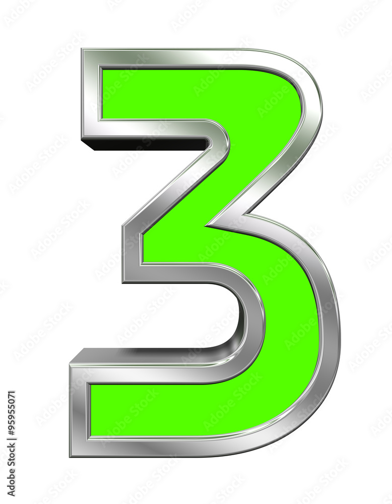 One digit from green with chrome frame alphabet set, isolated on white. Computer generated 3D photo rendering. One digit from green with chrome frame alphabet set, isolated on white. Computer generated 3D photo rendering.