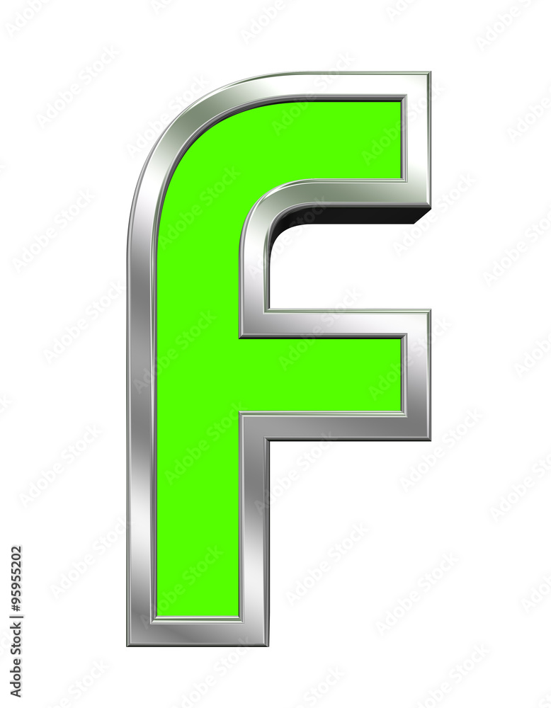 One letter from green with chrome frame alphabet set, isolated on white. Computer generated 3D photo rendering. One letter from green with chrome frame alphabet set, isolated on white. Computer generated 3D photo rendering.