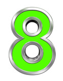 One digit from green with chrome frame alphabet set, isolated on white. Computer generated 3D photo rendering.