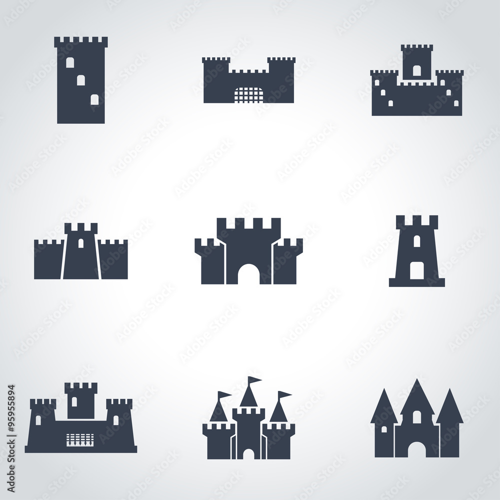 Obraz premium Vector black castle icon set. Castle Icon Object, Castle Icon Picture, Castle Icon Image - stock vector