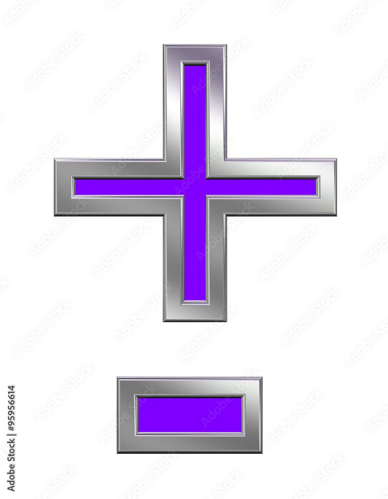Hyphen, minus, plus marks from purple with chrome frame alphabet set, isolated on white. Computer generated 3D photo rendering. Hyphen, minus, plus marks from purple with chrome frame alphabet set, isolated on white. Computer generated 3D photo rendering.