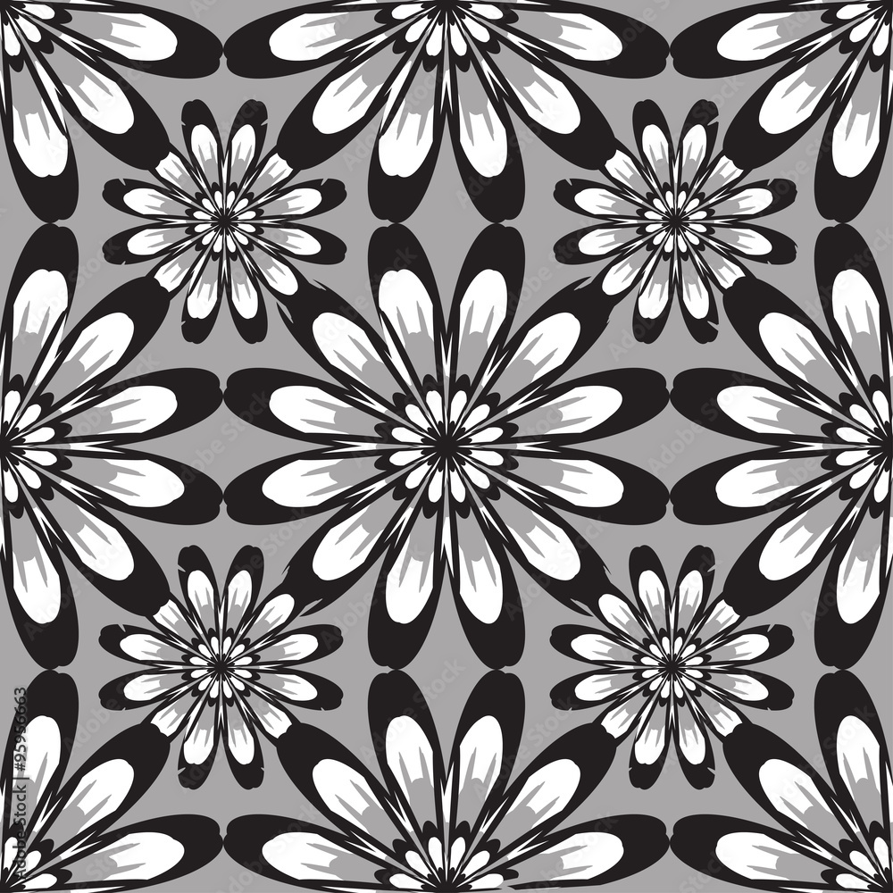 Seamless pattern with flowers. Vintage texture. Monochrome backdrop. Black and white daisies. Gray background. Vector Illustration. 