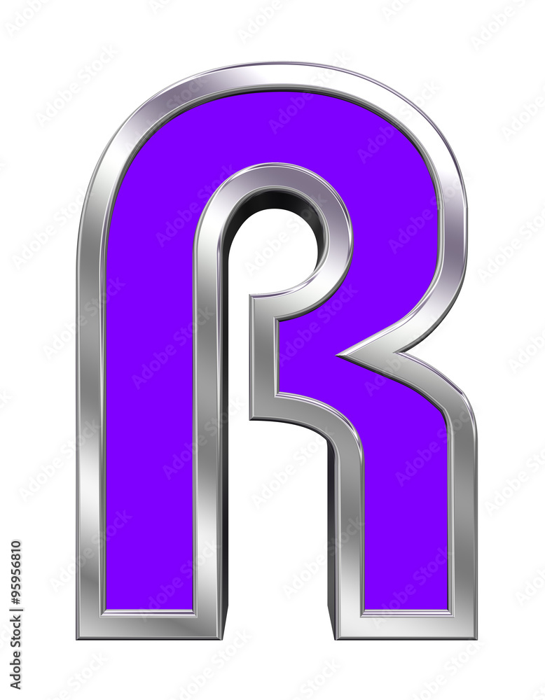 One letter from purple with chrome frame alphabet set, isolated on white. Computer generated 3D photo rendering. One letter from purple with chrome frame alphabet set, isolated on white. Computer generated 3D photo rendering.