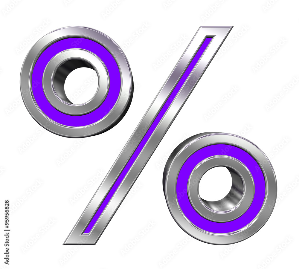 Percent sign from purple with chrome frame alphabet set, isolated on white. Computer generated 3D photo rendering. Percent sign from purple with chrome frame alphabet set, isolated on white. Computer generated 3D photo rendering.