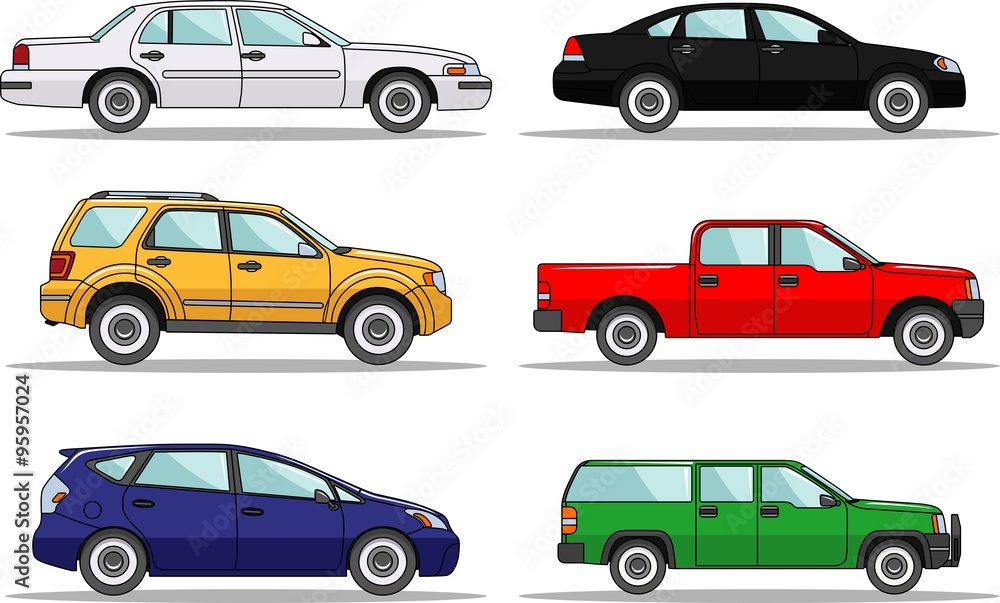 Fototapeta premium Set of six colored cars isolated on white background in flat style