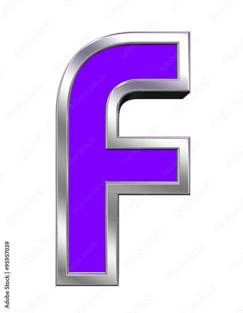 One letter from purple with chrome frame alphabet set, isolated on white. Computer generated 3D photo rendering. One letter from purple with chrome frame alphabet set, isolated on white. Computer generated 3D photo rendering.