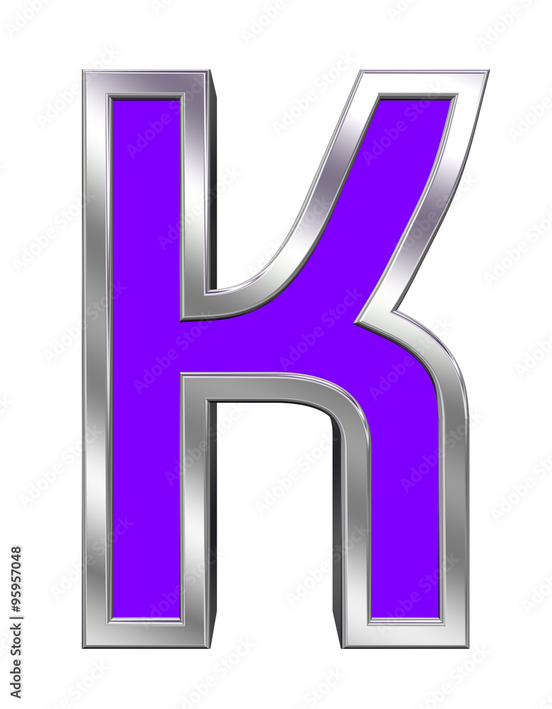 One letter from purple with chrome frame alphabet set, isolated on white. Computer generated 3D photo rendering. One letter from purple with chrome frame alphabet set, isolated on white. Computer generated 3D photo rendering.