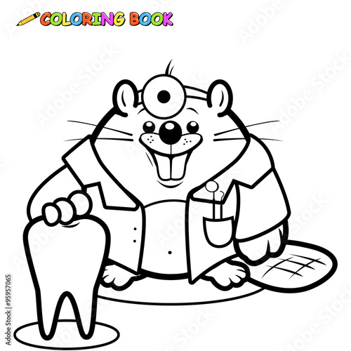 Cartoon beaver dentist holding a healthy tooth. Vector black and white coloring page. 