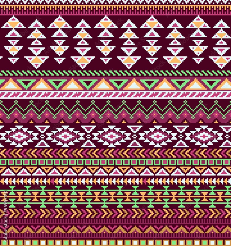Bright seamless background with pixel pattern in aztec geometric tribal style. Vector illustration. Bright seamless background with pixel pattern in aztec geometric tribal style. Vector illustration.