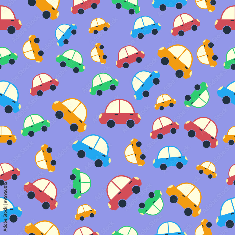 Seamless colorful car pattern for baby boy. Cartoon car pattern on the blue background