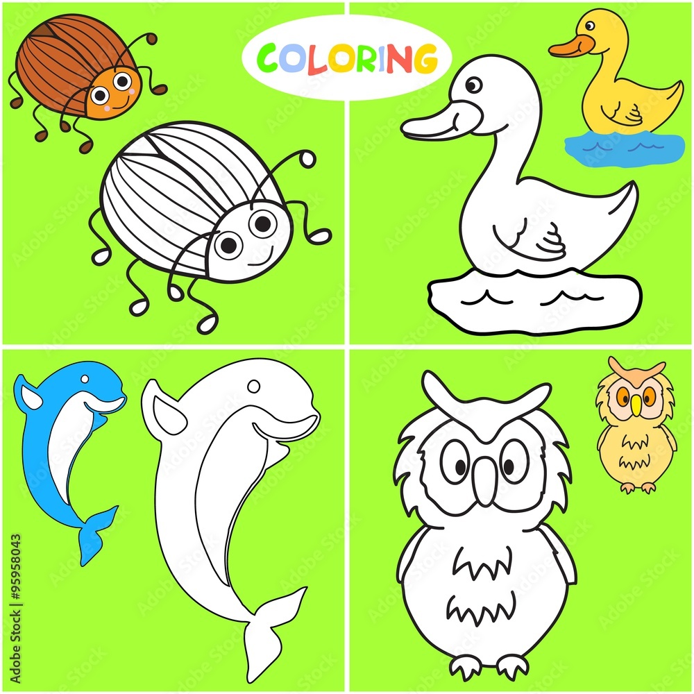 coloring book with animals. Vector black-and-white illustrations
