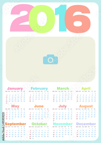 Simple calendar 2016. Calendar in pastel colors for nursery