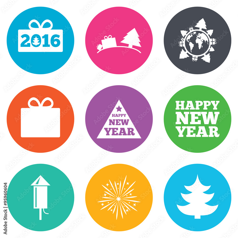 Christmas, new year icons. Gift box, fireworks.