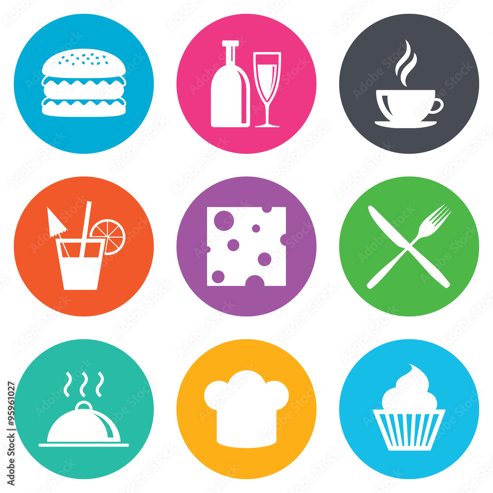 Food, drink icons. Coffee and hamburger signs. Food, drink icons. Coffee and hamburger signs.