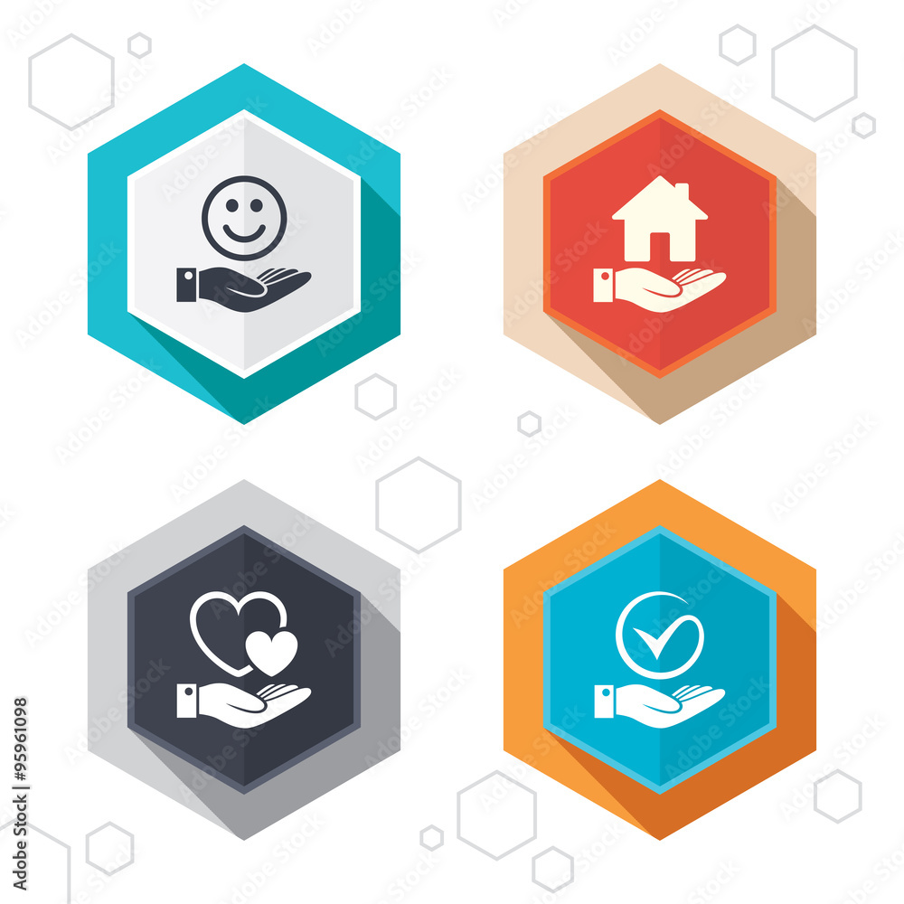Smile and hand icon. Heart, Tick symbol. Smile and hand icon. Heart, Tick symbol.