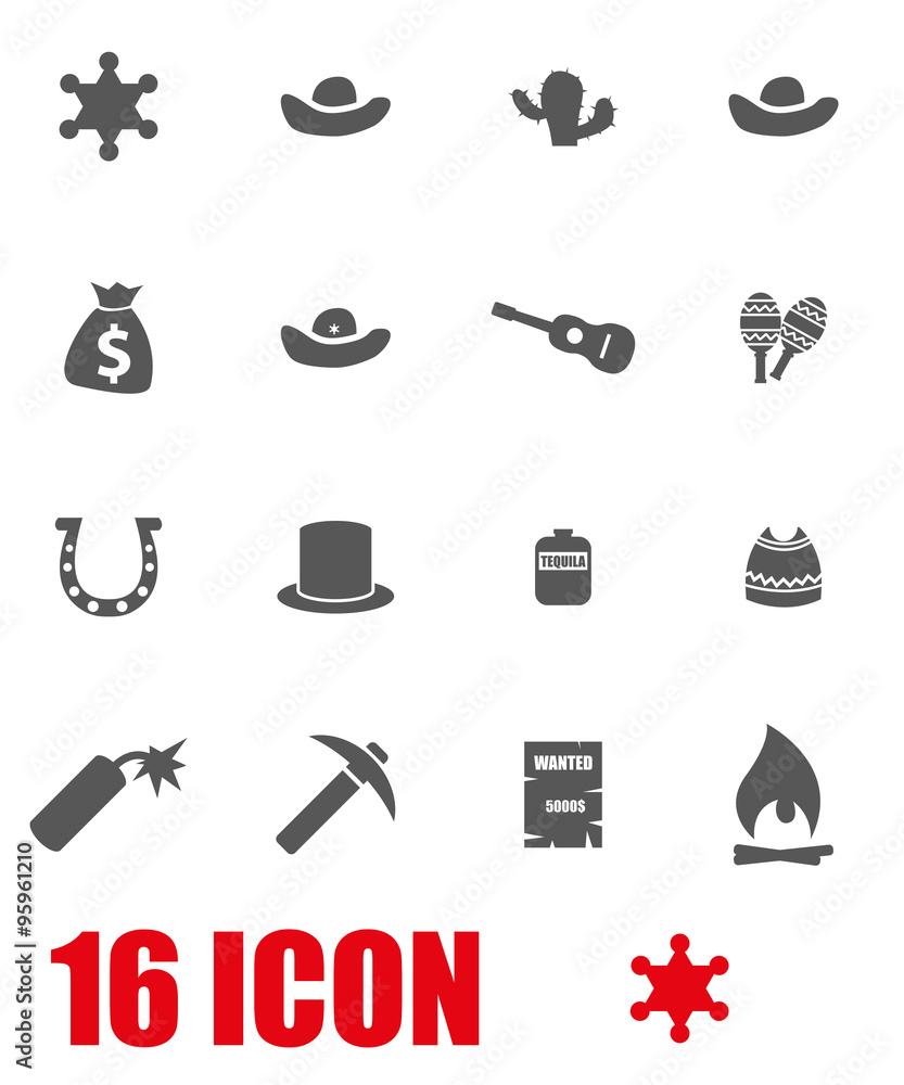 Obraz premium Vector grey wild west icon set. Wild West Icon Object, Wild West Icon Picture, Wild West Icon Image - stock vector