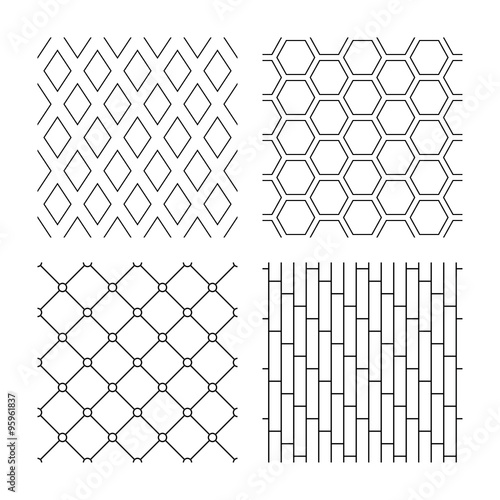 Rhombus, hexagon and grid with circles textures.