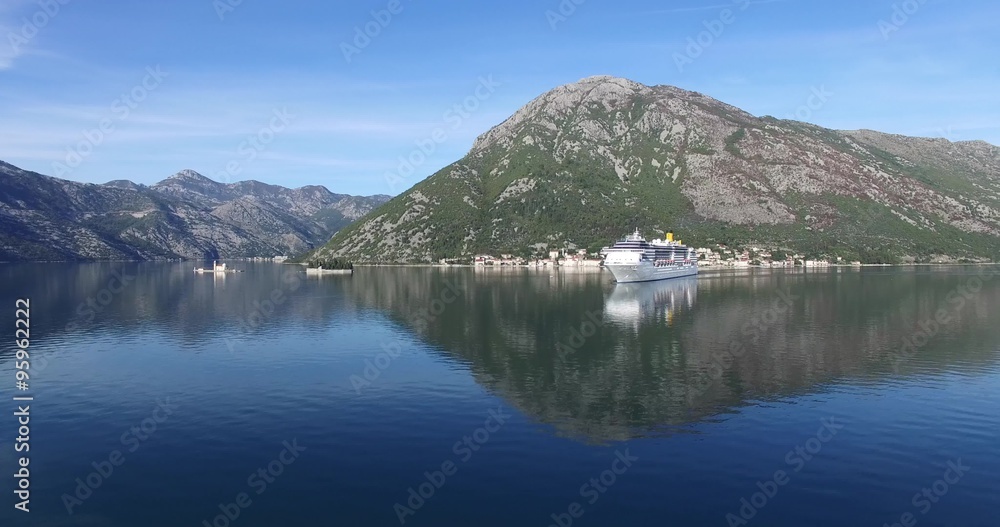 Aerial view of cruise ship in the Bay of Kotor Aerial view of cruise ship in the Bay of Kotor